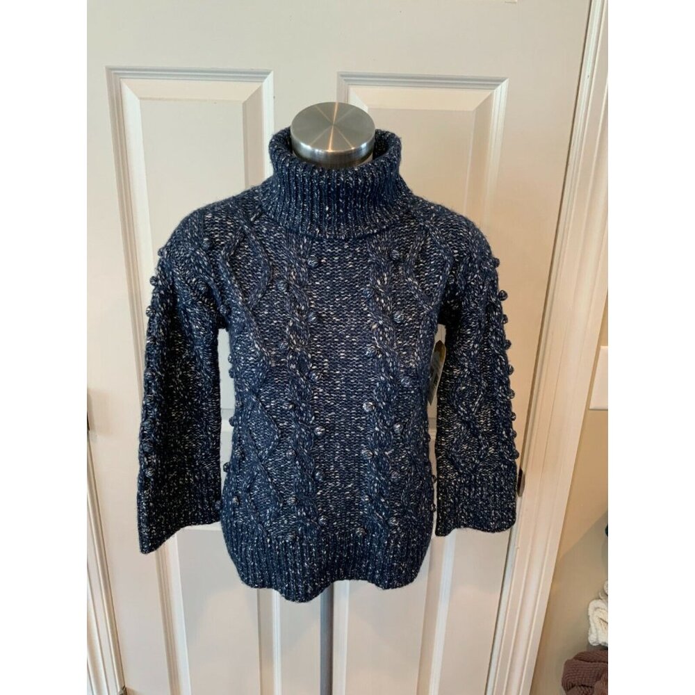 Kate Spade Blue Marled Turtleneck Sweater w/ Pom-Poms, Size XXS